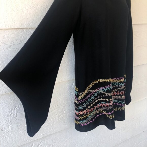 No Brand Tag Tops - Long Line Size Small Black Multicolor Embroidered Tunic Top Asymmetrical Bell Sl
